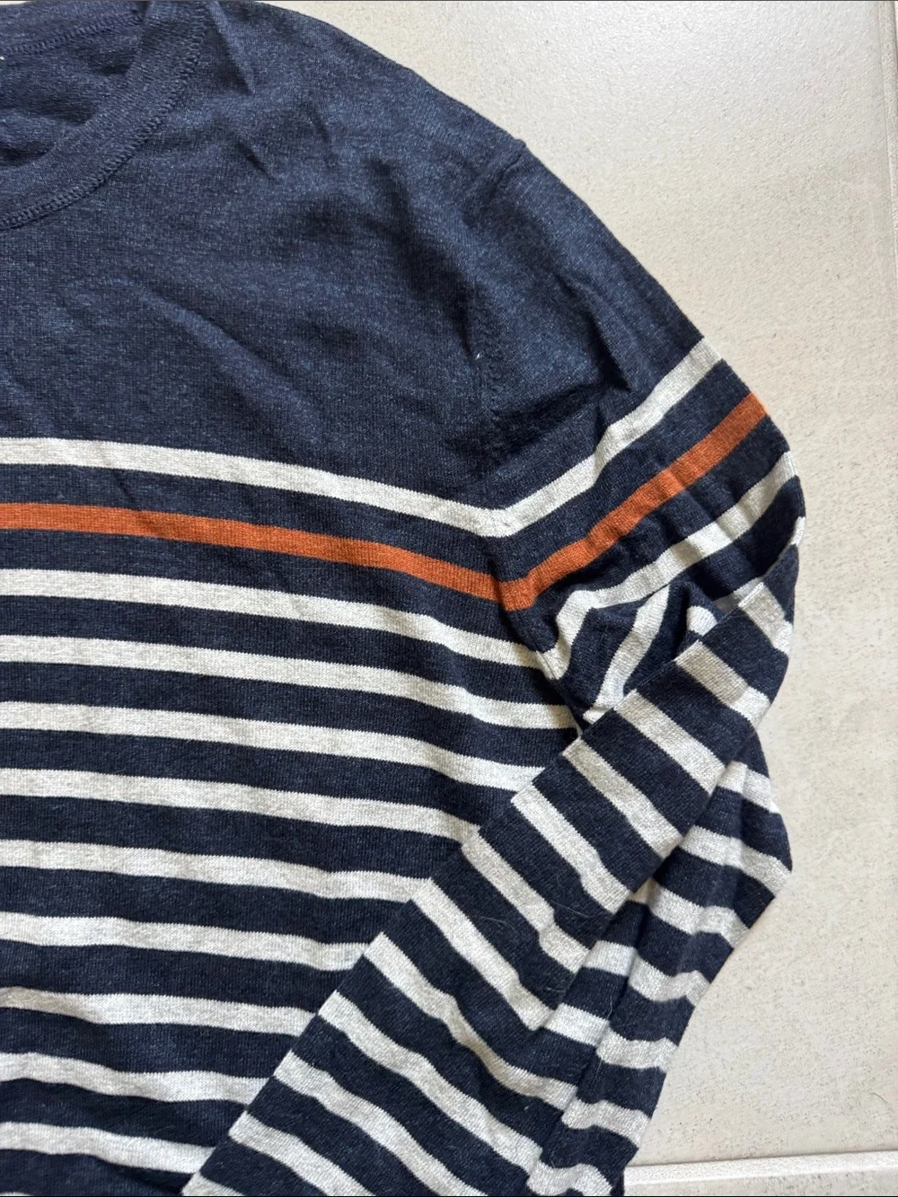 Banana Republic Navy and White Striped Crewneck Sweater with Rust Stripe